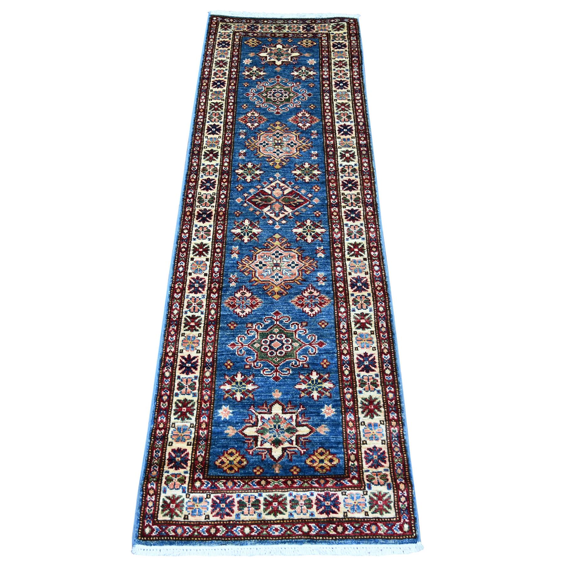 Bayern Blue, Afghan Super Kazak with Tribal Medallions Design, Hand Knotted, Velvety Wool, Vegetable Dyes, Narrow Runner, Oriental Rug